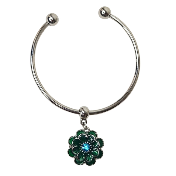 Silver Ball Opening Adjustable Wire Charm Bracelet with Green Flower Snap Button - Picture 1 of 6